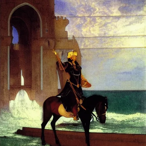 Image similar to Magician riding a horse leaving the castle through the bridge, thunderstorm, beach ocean on the background major arcana sky, by paul delaroche, alphonse mucha and arnold böcklin arnold böcklin hyperrealistic 8k, very detailed