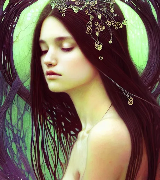 Image similar to portrait of teenage queen, long opalescent glistening wet hair made mycelium, blind frosted eyes, peaceful expression, bone jewelry, intricate, elegant, gem jewelry, mushroom cave, glowing lights, highly detailed, digital painting, artstation, concept art, smooth, sharp focus, illustration art by wlop, mucha, artgerm, and greg rutkowski