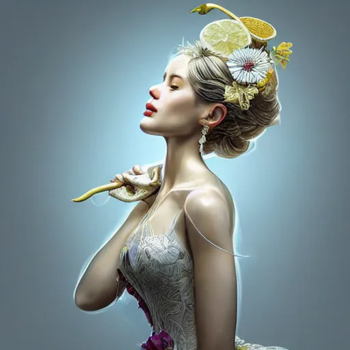 Image similar to the portrait of an absurdly beautiful, graceful, elegant, sophisticated, young perky woman made up of lemons, an ultrafine hyperdetailed illustration by kim jung gi, irakli nadar, intricate linework, bright colors, octopath traveler, final fantasy, unreal engine 5 highly rendered, global illumination, radiant light, detailed and intricate environment