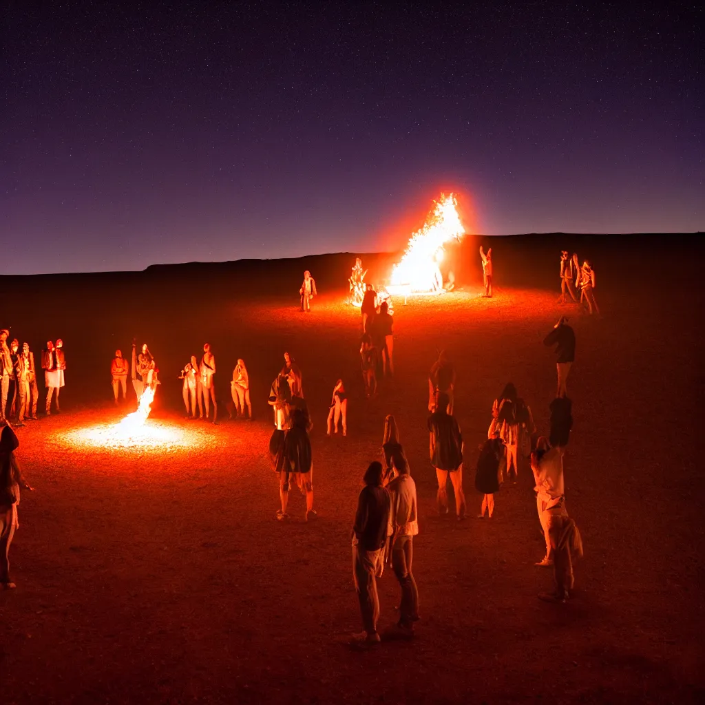 Image similar to atmospheric long exposure night photograph of three ravers, two men, one woman, woman is in a trenchcoat, blessing the soil at night, people facing fire circle, two aboriginal elders, dancefloor kismet, diverse costumes, clean composition, starlight bokeh, desert transition area, bonfire, atmospheric night, australian desert, symmetry, sony a 7 r