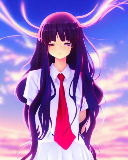 Prompt: anime style, vivid, expressive, full body, 4 k, painting, a cute magical girl with a long wavy black hair wearing a school uniform, stunning, realistic light and shadow effects, centered, simple background, studio ghibly makoto shinkai yuji yamaguchi