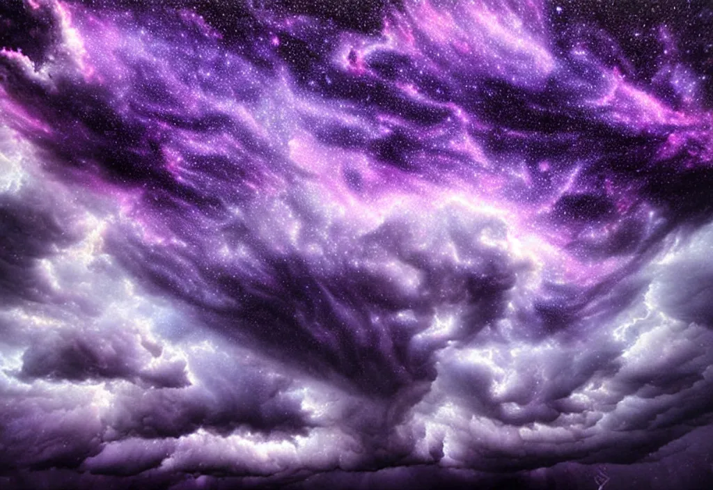 Image similar to purple color lighting storm with stormy sea close up of a pirate ship firing its cannons trippy nebula sky with dramatic clouds painting by banksy Photorealism