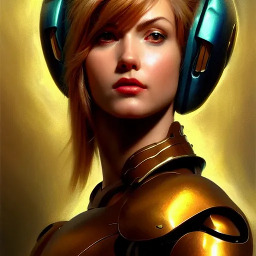 Image similar to Masterpiece head and shoulder portrait of Samus Aran with partial armor, huge shoulder pads, dark fantasy, medium shot, intricate, elegant, highly detailed, digital painting, volumetric light, artstation, concept art, smooth, sharp focus, illustration, art by Gil Elvgren and Greg Rutkowski and Alphonse Mucha