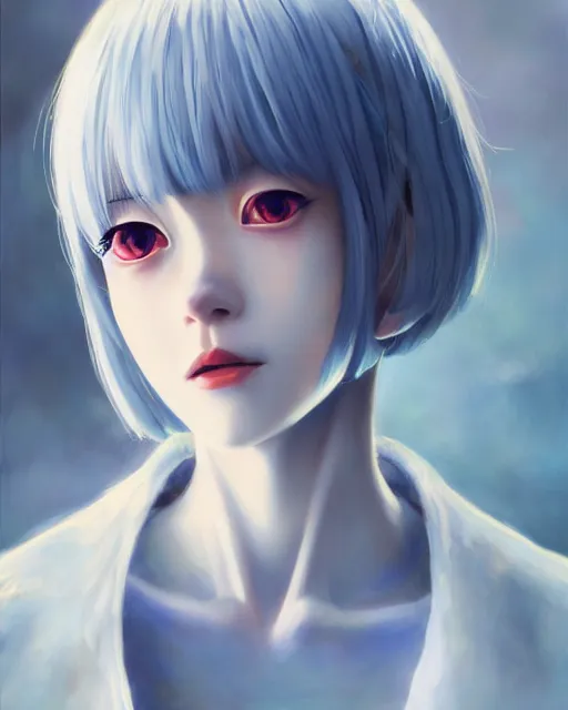 Image similar to A ultradetailed beautiful panting of Rei Ayanami, Oil painting, by Ilya Kuvshinov, GUWEIZ and Makoto Shinkai