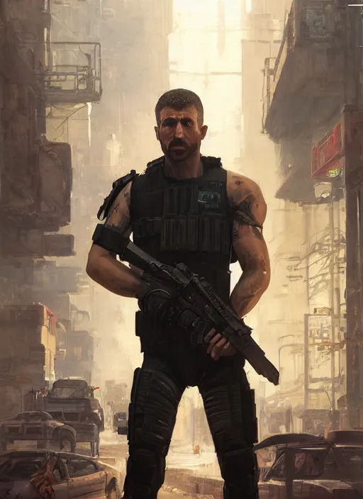 Prompt: 🤼♂. cyberpunk police trooper in a military vest ( blade runner 2 0 4 9, cyberpunk 2 0 7 7 ). orientalist portrait by john william waterhouse and james gurney and theodore ralli and nasreddine dinet, oil on canvas. cinematic, hyper realism, realistic proportions, dramatic lighting, high detail 4 k