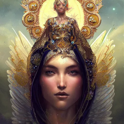 Image similar to A beautiful digital painting of a female Seraphim full of jewels, princess, the moon behind her, intricate, cinematic lighting, highly detailed, digital painting, Artstation, concept art, smooth, sharp focus, illustration, art by Tom Bagshaw, Artgerm and Greg Rutkowski