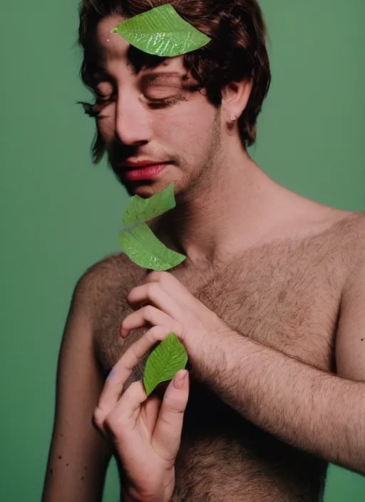 Image similar to a fashion portrait photograph of a man with a leaf on his face designed by stanley kubric, pastel colors, 3 5 mm, color film camera, studio lighting, pentax