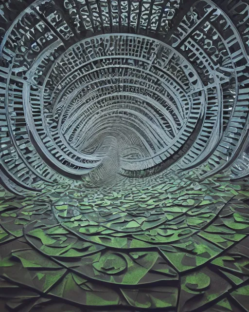 Image similar to one point perspective photo of a futuristic biomimicry oasis facade vaults + sandstone tiles + the facade is elegant and made of a biomimicry nature algae with ornate patterns + led light + spiral stairs + photo taken on a misty morning + architectural photography, 8K, photorealistic