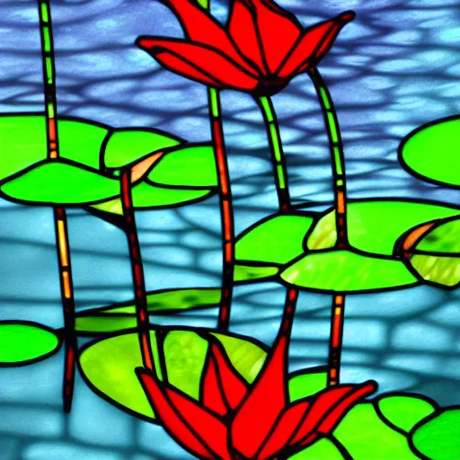 Prompt: stained glass with red carps and green lily pads in blue water by rupi kaur, digital art, 4 k, trending on artstation