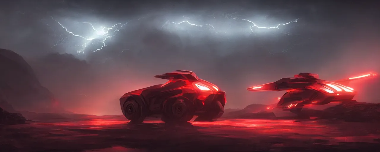 Prompt: an image of an alien vehicle in the night on a mountain with red headlights on by Paul Chadeisson, atmospherical, heavy storm, lightnings , concept art, high detail, intimidating , cinematic, Artstation trending, octane render