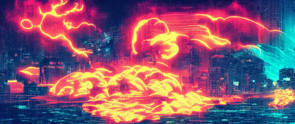 Prompt: great wave hitting cyberpunk city, water, sea, cyberpunk, neon, dramatic lighting style of Laurie Greasley and Satoshi Kon + symmetric lights and smoke, psychedelic effects, glowing particles, fractal neon rain, comic, wood block