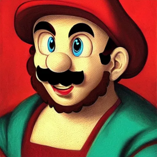 Image similar to a portrait of super - mario!!!!!!!! painting by da vinci ( ( ( ( mona lisa ) ) ) )