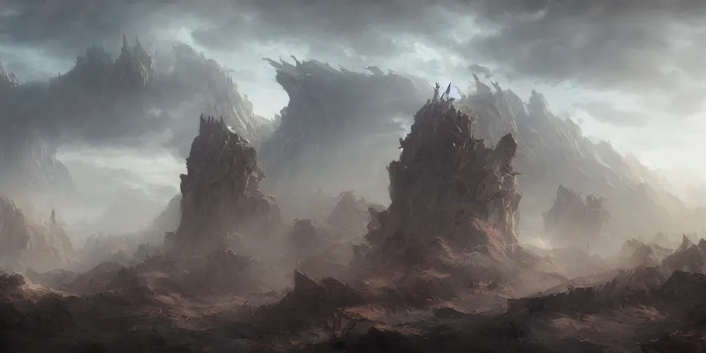 Image similar to an unseen, land of dead, war, ruined village, no fog, unreal landscape, dramatic light, sky, dynamic angle, best composition, electrifying, never thought of, fantasy world, trending on artstation art by ruan jia