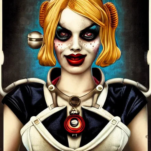 Image similar to lofi bioshock steampunk portrait of harley quinn cosplay, Pixar style, by Tristan Eaton Stanley Artgerm and Tom Bagshaw.