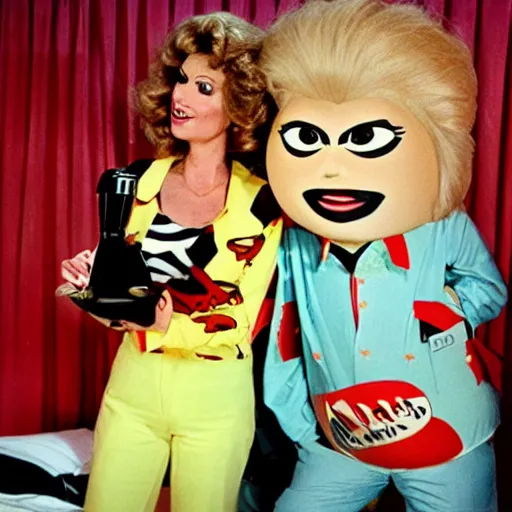 Image similar to bored housewife meets a man with an inflatable cartoon face in a seedy motel room, 1982 color Fellini film, archival footage, technicolor film, 16mm, live action, John Waters, wacky children's tv with anthropomorphic head