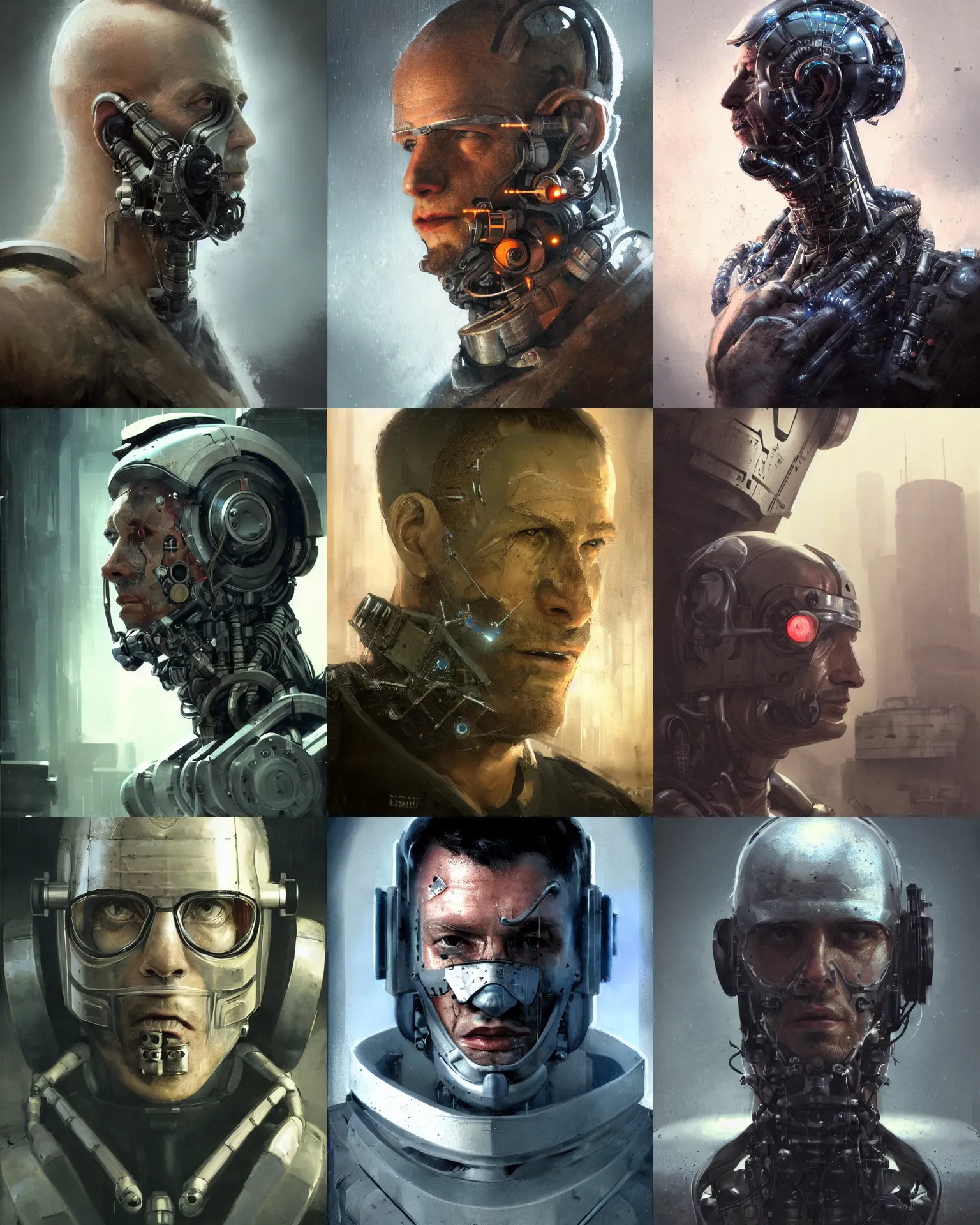Prompt: a half - masked rugged laboratory engineer man with cybernetic enhancements as seen from a distance, scifi character portrait by greg rutkowski, esuthio, craig mullins, 1 / 4 headshot, cinematic lighting, dystopian scifi gear, gloomy, profile picture, mechanical, half robot, implants, dieselpunk