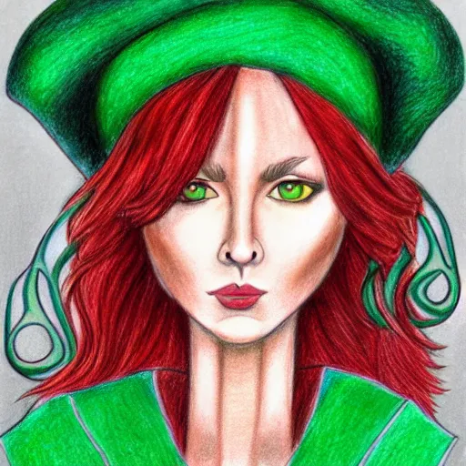 Image similar to full body detailed colored pencil drawing of a beautiful red haired sorceress with a beautiful face, wearing a green magician's robe