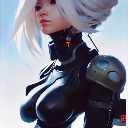 Prompt: greg manchess portrait painting of a 2 yorha type a no. 2 as overwatch character!! with a drone!, white long hair, organic painting, trending on artstation, by huang guangjian and gil elvgren and sachin teng