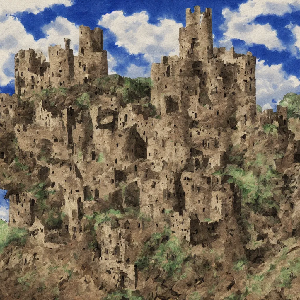 Image similar to ruins of a castle in a dry moutain with a cloudy sky, digital painting, impressinism