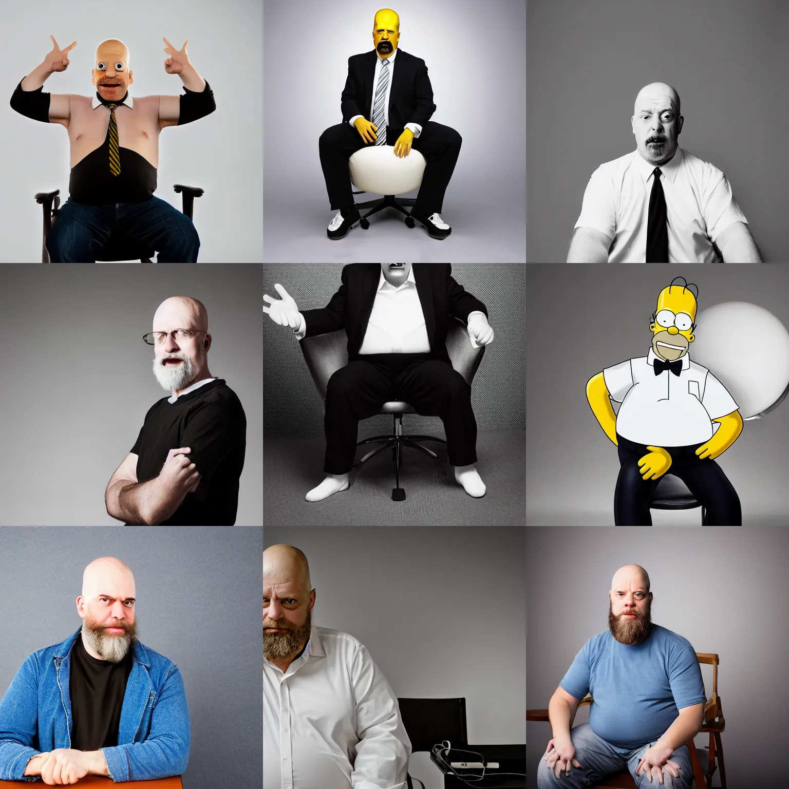 Prompt: dlsr photo of homer simpson as a white man white man white man white man white man with bowl cut hair and beard taken in studio lighting sitting on chair