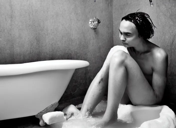 Prompt: frank dillane taking a bubble bath in an old clawfoot bathtub, bubbles!!, shy, awkward, cute, shower cap, rubber ducky, union jack towel, detailed, masterpiece