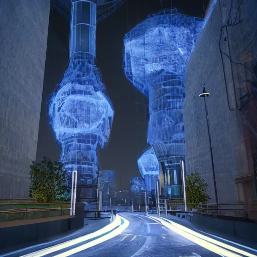 Image similar to a road leading to a huge tower of lights, trending on artststion. hyperdetailed, hyperrealistic, 4 k, unreal engine, night