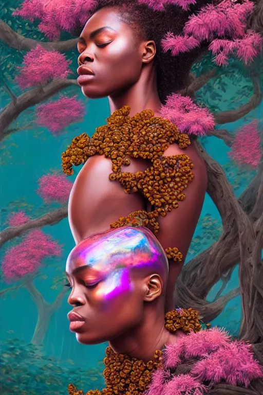 Prompt: hyperrealistic post - renaissance cinematic super expressive! yoruba goddess with exoskeleton armor, merging with tree in a forest, pink orange flowers, highly detailed digital art masterpiece, smooth cam de leon eric zener dramatic pearlescent soft teal light, ground angle hd 8 k, sharp focus