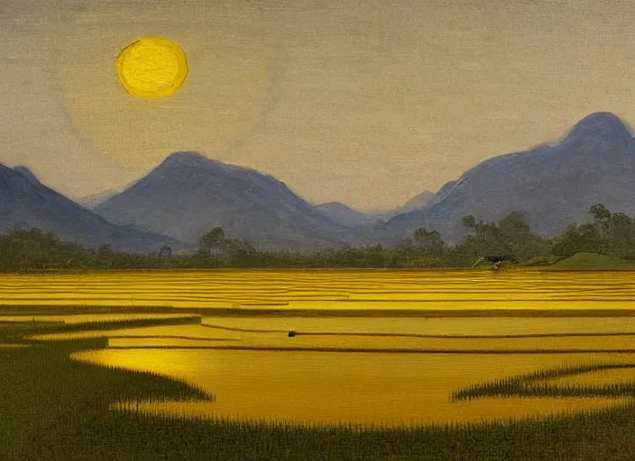 Image similar to painting of a rice paddy with two big mountains in the background, a wide asphalt road!!!! divides paddy field in the middle composition, big yellow sun rising between 2 mountains, oil painting by old master masterpiece