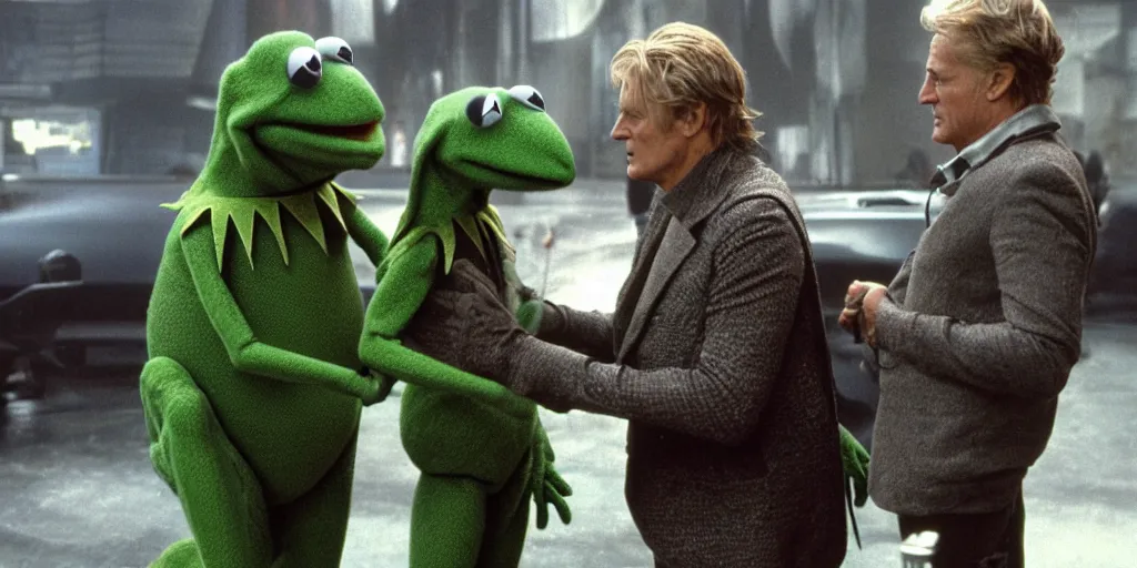 Image similar to Kermit the frog talking to Rutger Hauer on the set of the movie bladerunner, 3d detailed, digital art