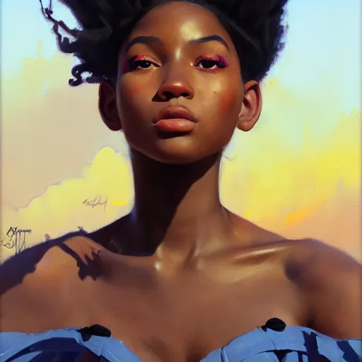 Prompt: Greg Manchess portrait painting of a beautiful 16 year old afropunk blasian character, medium shot, asymmetrical, profile picture, Organic Painting, sunset day, matte painting, bold shapes, hard edges, street art, trending on artstation, by Huang Guangjian and Gil Elvgren and Sachin Teng