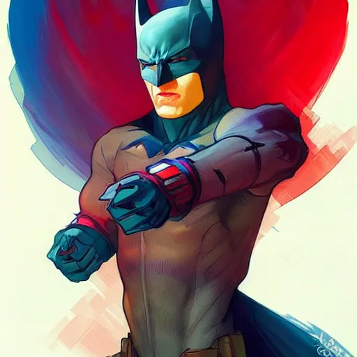 Prompt: batman character design. Colorful, reds, yellows, blues. Beautiful, dreamy digital art by Artgerm and Greg Rutkowski and Alphonse Mucha