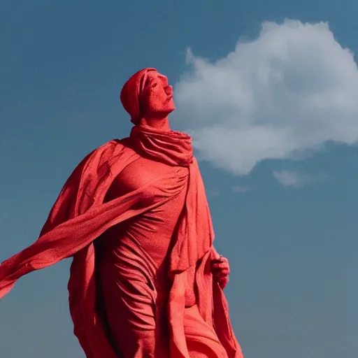 Image similar to a roman statue covered by red cloth that's blowing in the wind, digital art, concept art, cloth simulation with houdini, octane, redshift, 8 k