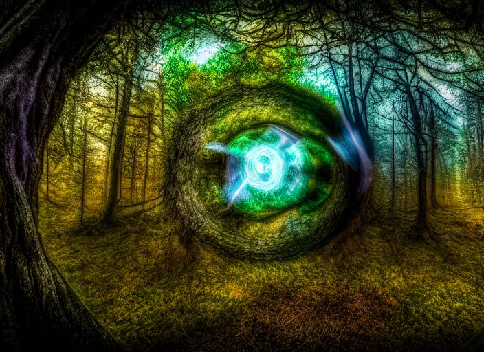 Image similar to photo of a distortion in the fabrics of space and time, in the forest. Fantasy magic style. Highly detailed 8k. Intricate. Nikon d850 55mm. Award winning photography.