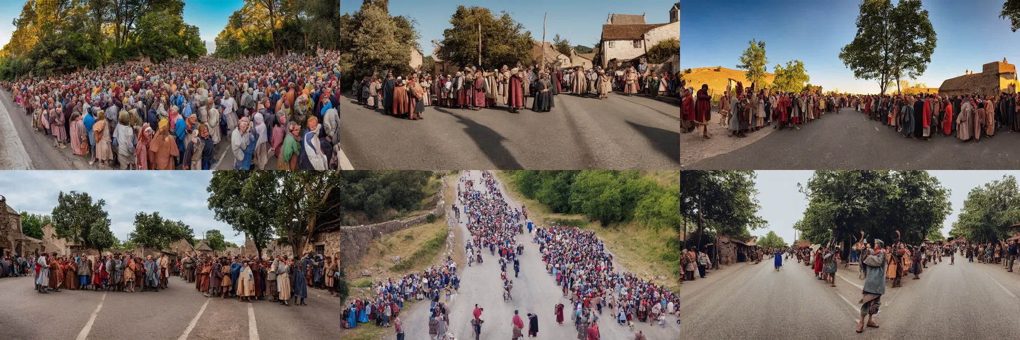 Prompt: color photo of crowd of medieval villagers cheering and looking at camera, empty road in the middle, sunlight coming from the right, evening, 2 0 mm lens, eye level view, closeup