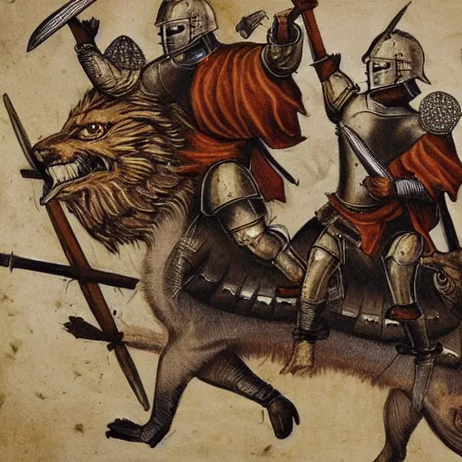 Prompt: Warrior dogs riding lions into battle, medieval weapons and armour