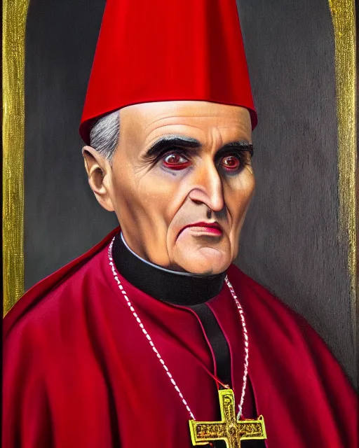 Image similar to photorealist painting of demonic catholic cardinal aloysius stepinac, gothic, horror, vivid dark colors, high production value, intricate details, high resolution, hyperrealistic, hdr, high definition, masterpiece, ultra realistic, highly detailed, hd, sharp focus, non blurry, sharp, smooth