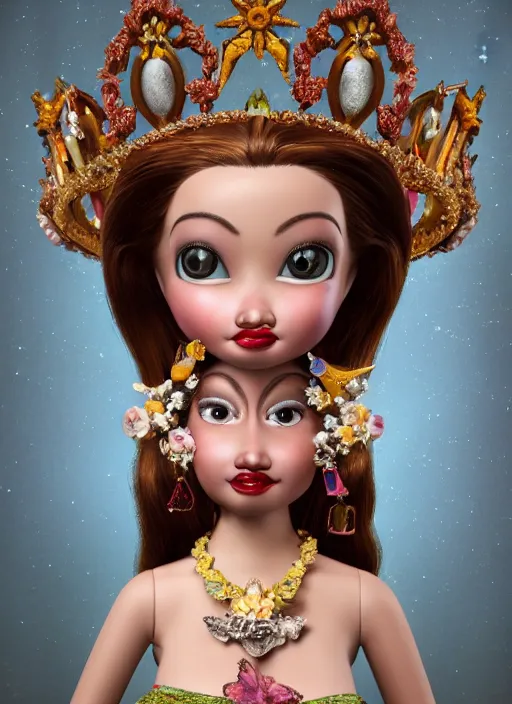 Image similar to closeup face profile portrait of tin toy sylvia sims as a fairytale princess wearing a crown eating cakes, bikini, depth of field, zeiss lens, detailed, symmetrical, centered, fashion photoshoot, by nicoletta ceccoli, mark ryden, lostfish, breathtaking, 8 k resolution, extremely detailed, beautiful, establishing shot, artistic, hyperrealistic, octane render