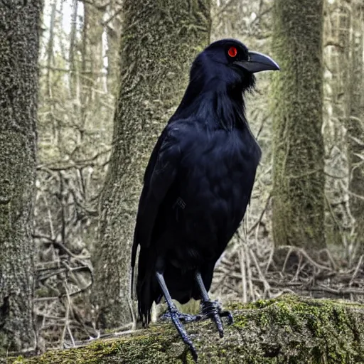 Image similar to crossbreed between a human male and crow, photograph captured in a forest