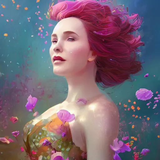 Image similar to Triss Merigold in a swirling sundress of flowers, underwater, floral explosion, radiant light, vortex of plum petals, by WLOP, Beeple and artgerm, artstation, deviantart