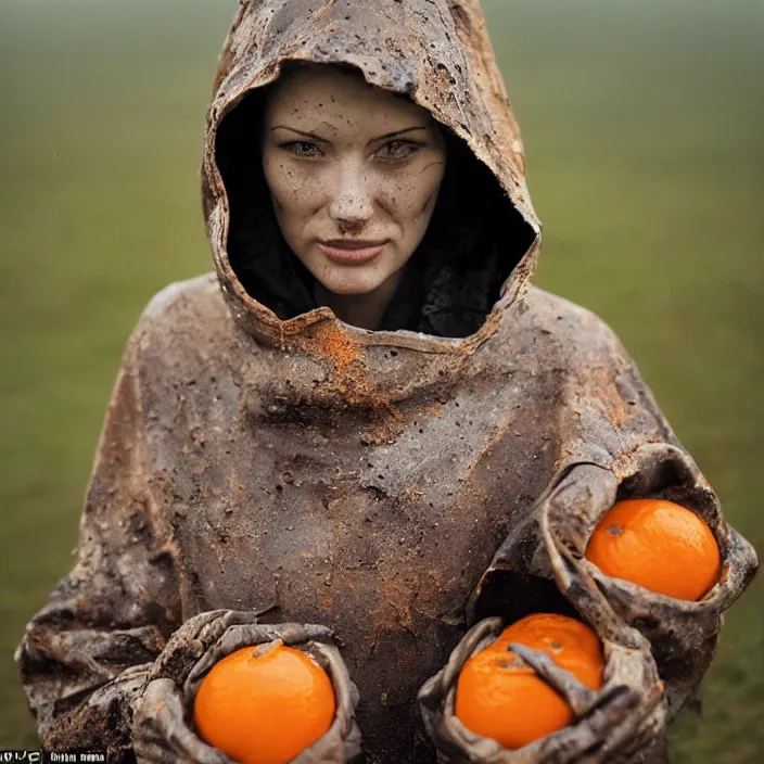 Prompt: a closeup portrait of a woman wearing a hood made of muddy rusty vinyl and plastic, picking oranges from a tree in an orchard, foggy, moody, photograph, by vincent desiderio, canon eos c 3 0 0, ƒ 1. 8, 3 5 mm, 8 k, medium - format print