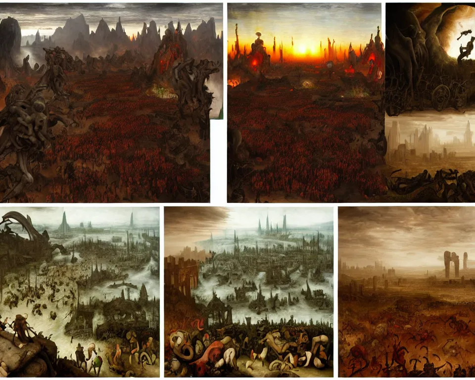 Image similar to doom eternal by jakub rozalski, zoomed garden of eternal delights hell by hieronymus bosh, zoom on triumph of death by pieter brueghel, doom eternal by hieronymus bosh