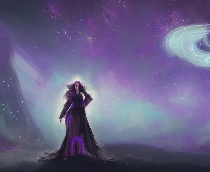 Image similar to an illustration of a mystical spiritual scene with a young woman in it, with starry dusted light, purple - tinted, wide - angle, high contrast, highly detailed, sharp focus, digital painting, illustration, trending on artstation,