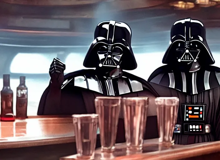 Image similar to film still of Darth Vader goes to a bar in the new Star Wars movie, 4k