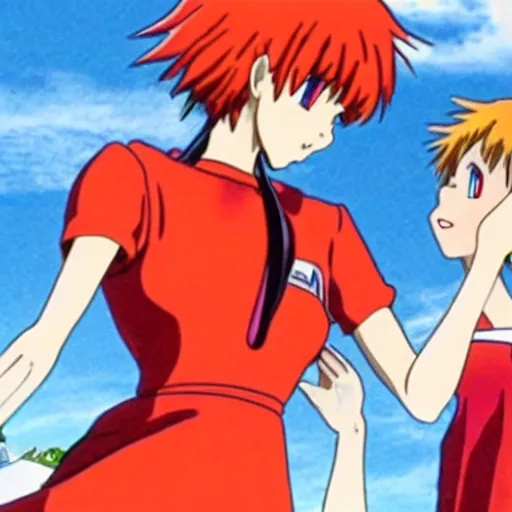 Image similar to asuka from evangelion wearing a sundress and holding viewer's hand