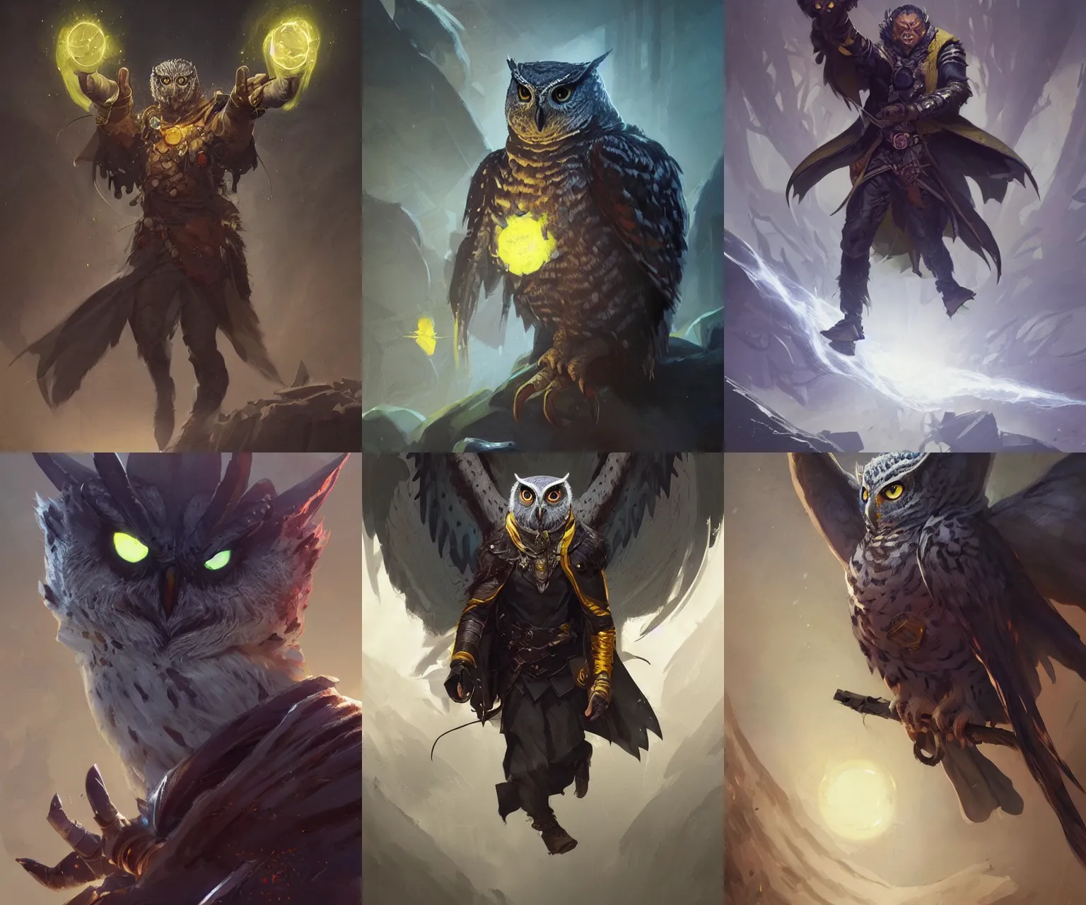 Prompt: Steps 100 a DnD character powerful owl man with yellow eyes who is headmaster of a magic school, one of his eyes is scratched, hyperdetailed concept art by Ross Tran and Greg Rutkowski, high quality DnD illustration, trending on ArtStationHQ, 8k