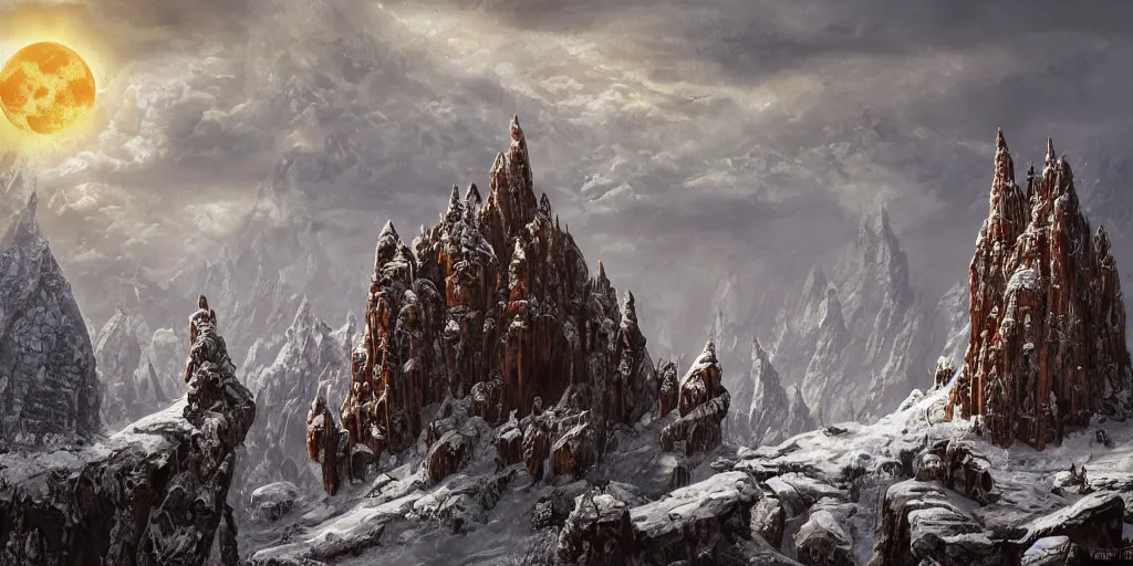 Prompt: Epic Exterior of ornate mountain temple, craggy cliffs, swirling skies, blood moon, very ominous environment, icy ground, wintry light, icy snowy stunning atmosphere, godly light, light shafts, epic realm, bloom, in style of Ivan Shishkin and in style of Greg Rutkowski