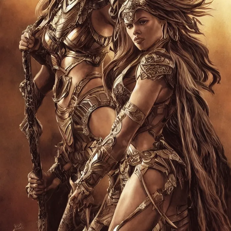 Image similar to scarlett johannson as an amazon warrior, a tall beautiful woman with brown skin and long hair, dressed in hellenistic body armor, intricate, elegant, highly detailed, smooth, sharp focus, detailed face, art by ardian syaf