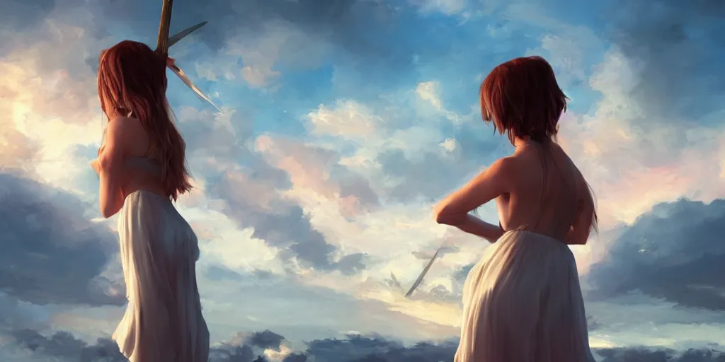 Image similar to back shot of one beautiful girl in sundress gazing back, holding two swords, digital art by wlop. artstation contest winner, cinematic paint. lower shot. dramatic cloud in background. sunset