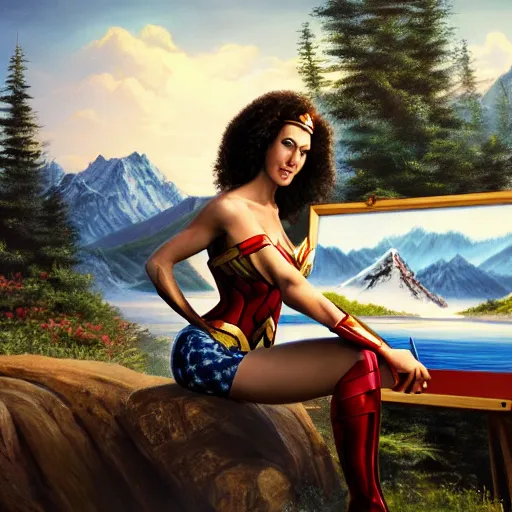 Image similar to a closeup photorealistic photograph of bob ross working on a canvas painting of wonder woman. film still. brightly lit scene. mountains and trees. this 4 k hd image is trending on artstation, featured on behance, well - rendered, extra crisp, features intricate detail, epic composition and the style of unreal engine.