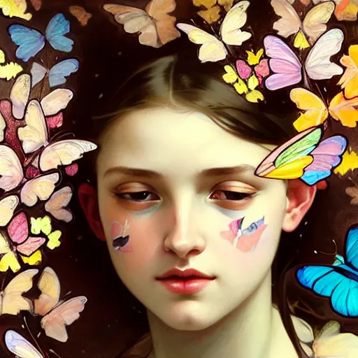 Prompt: Portrait of a girl surrounded by butterflies with different colors of flowers around them, beautiful background, vibrant, floral, colorful, graceful, sophisticated, hyperrealistic, shading, digital painting, artstation, concept art, smooth, sharp focus, illustration, art by Krenz Cushart and Artem Demura and alphonse mucha